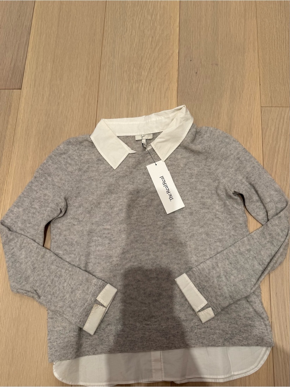 Joie Grey Sweater with White Collar & Hem - Picture 11 of 11